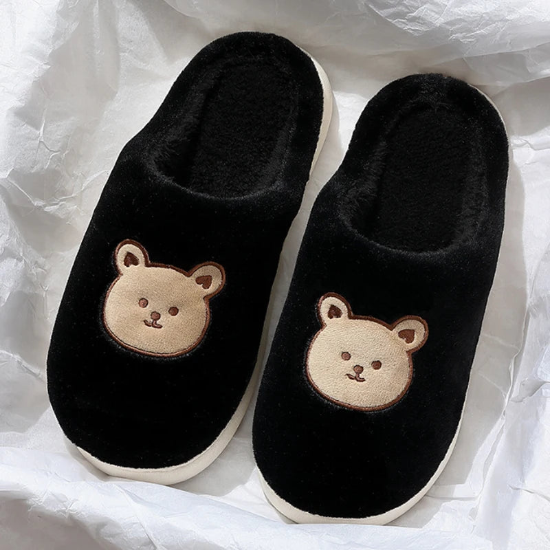 Cute Bear Cotton Slippers Woman Winter Indoor Non-slip Slides Plush