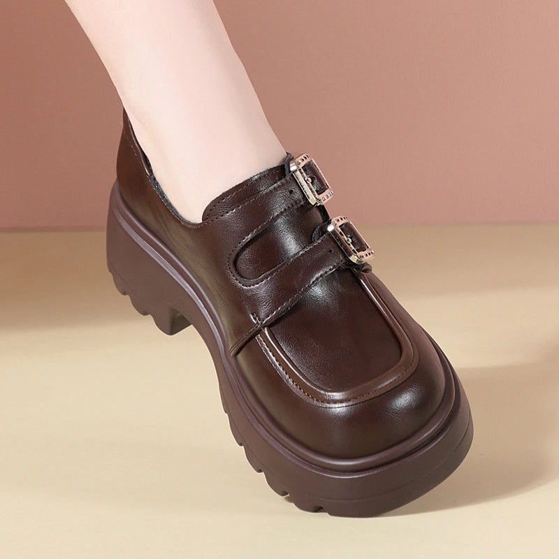 Height Boosting Brown Leather Platform Loafers Double Buckle Non Slip Zpaxo