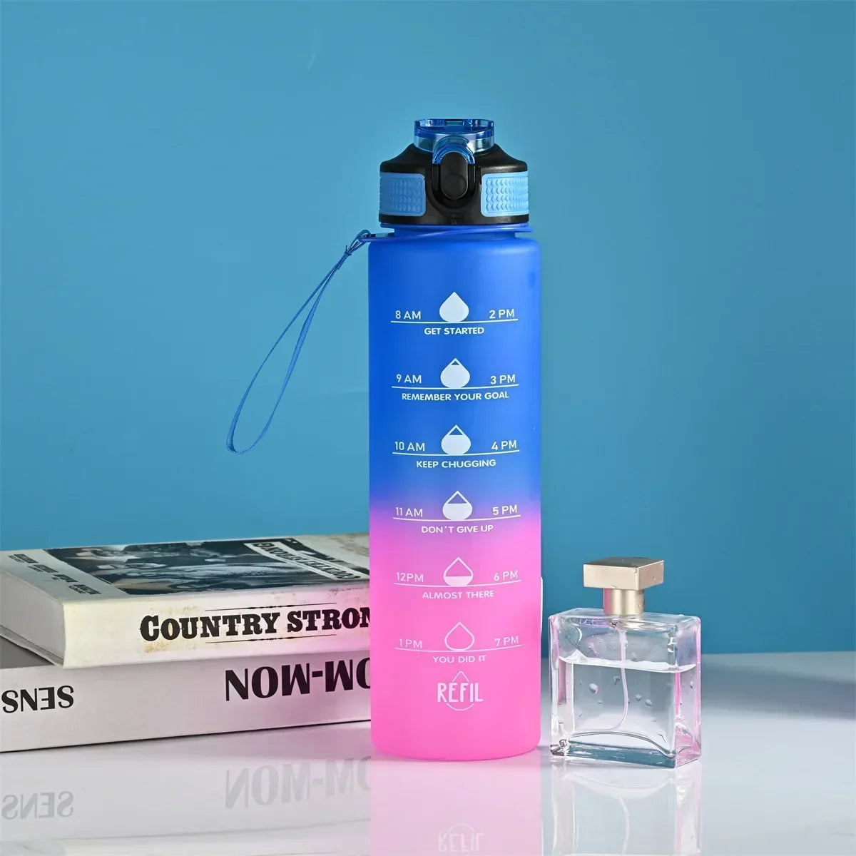 1L Gradient Motivational Sports Water Bottle with Time Marker Sports Water Bottle Zpaxo Gradual change blue