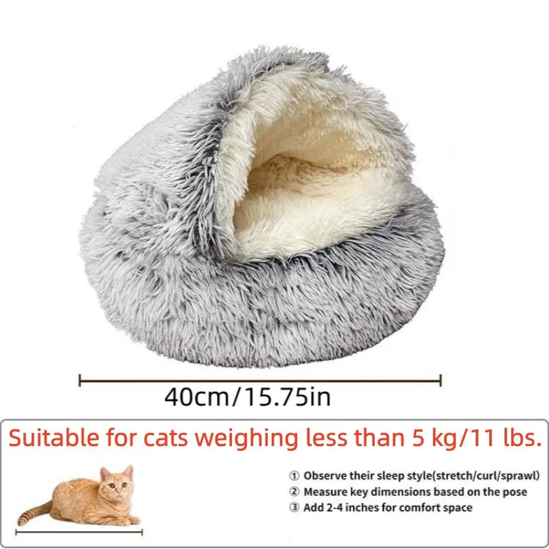 Fluffy Hooded Round Cat Bed Anti- Cave Anti-slip Bottom Machine