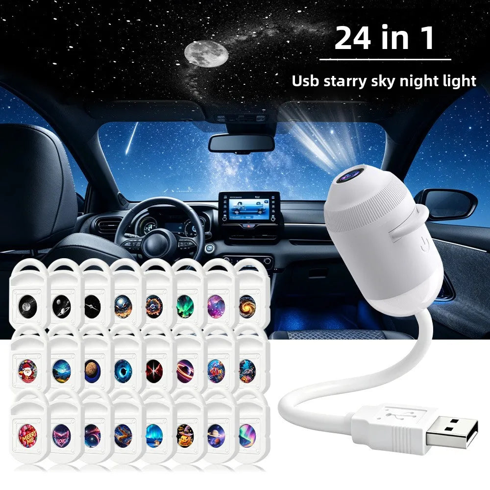 USB Starry Sky Projection Night Light Car Bedroom Create Romantic Zpaxo White-24Slices
