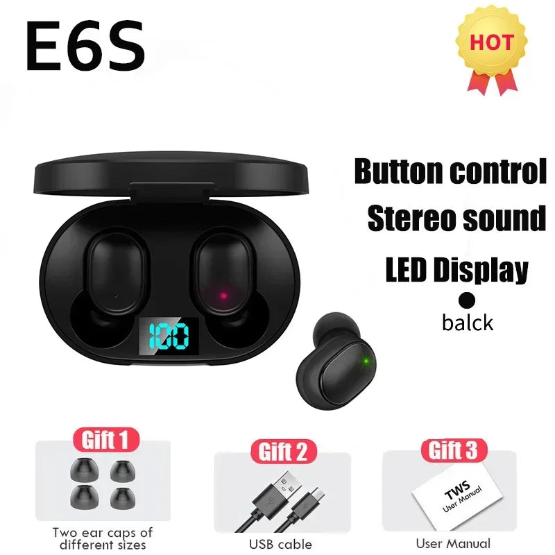 2026 TWS E6S Fone Bluetooth Earphones Wireless Headset Noise Zpaxo Black Earbuds