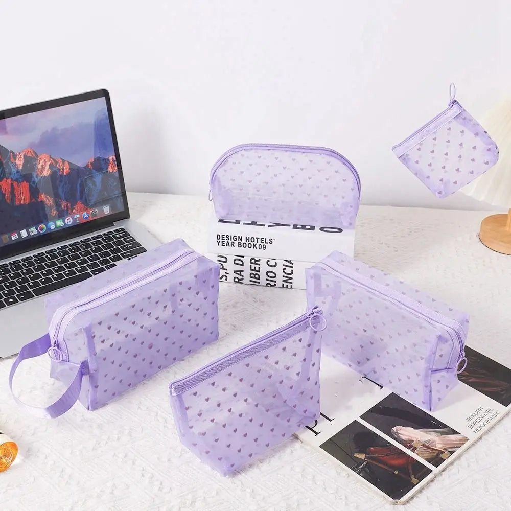New Heart Transparent Mesh Makeup Bag Multifunction Portable Ladies Toiletry Storage Bag Blue/Purple Lipstick Organizer Bags Zpaxo