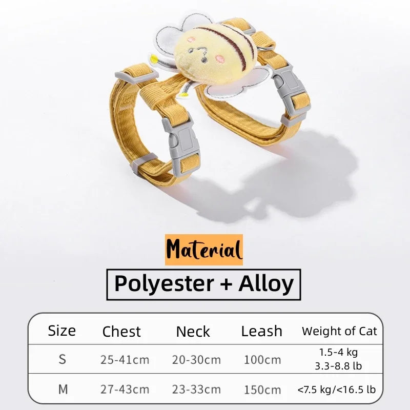 Cat Harness Leash Collar Adjustable Cartoon Bee Double Layer Dog