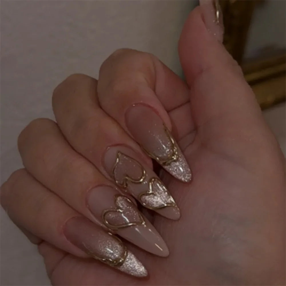 Long Almond False Nails French Leopard Star Press Fake DIY Manicure