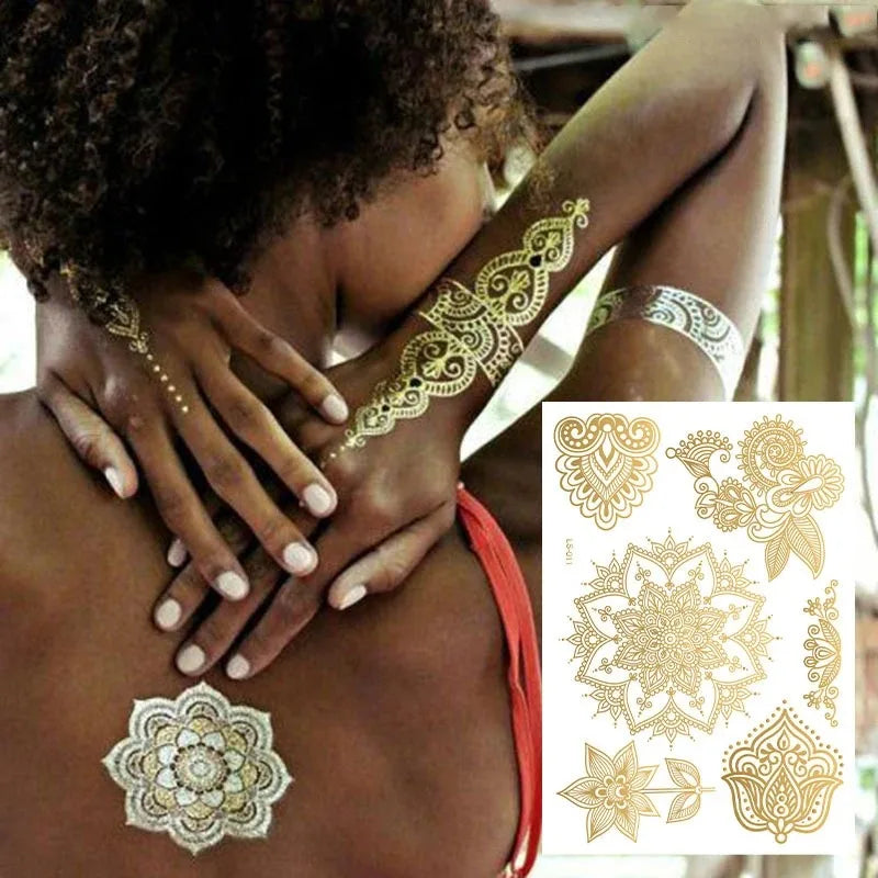Waterproof Temporary Tattoo Sticker Flower Mandala Henna Rose Gold