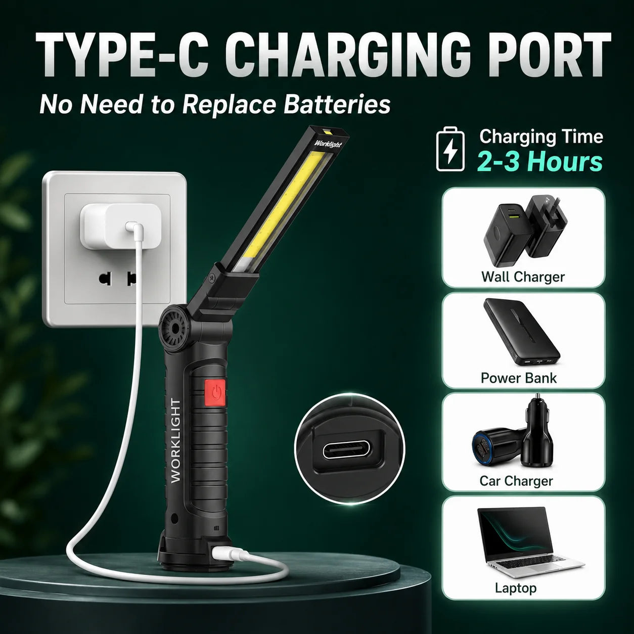 Rechargeable LED COB Work Light USB Magnetic Inspection Torch with Hook Dimmable Flashlight for Car Repair Camping 18650 Zpaxo