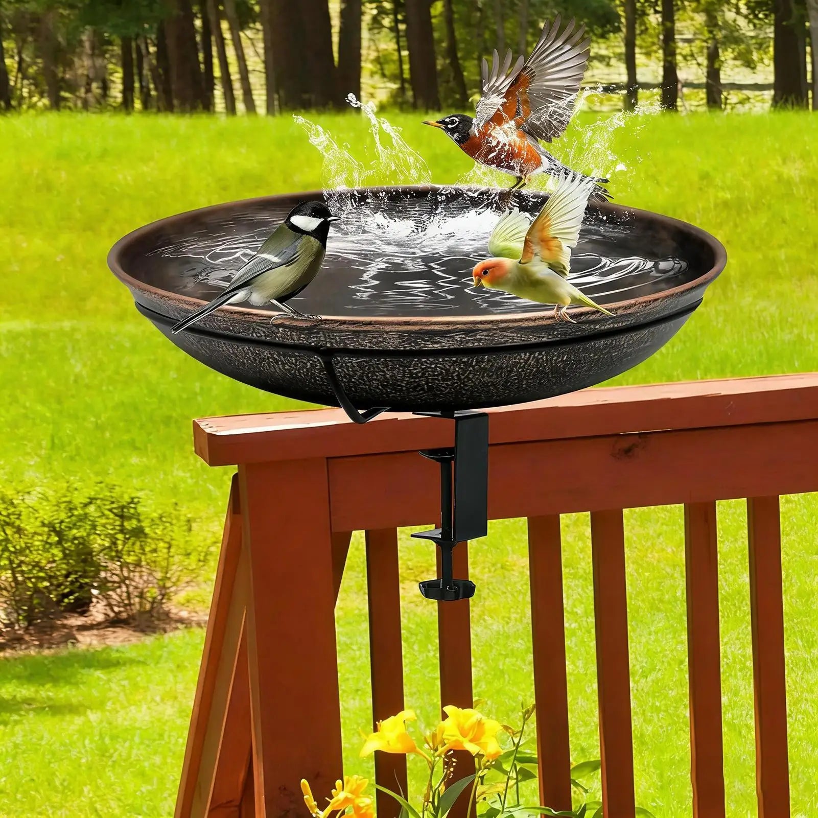 Bird Bath with Adjustable Clamp Retro Garden Decor Bird Bath Feeder for Railing for Outdoor Garden Patio Backyard Railing Fence Zpaxo