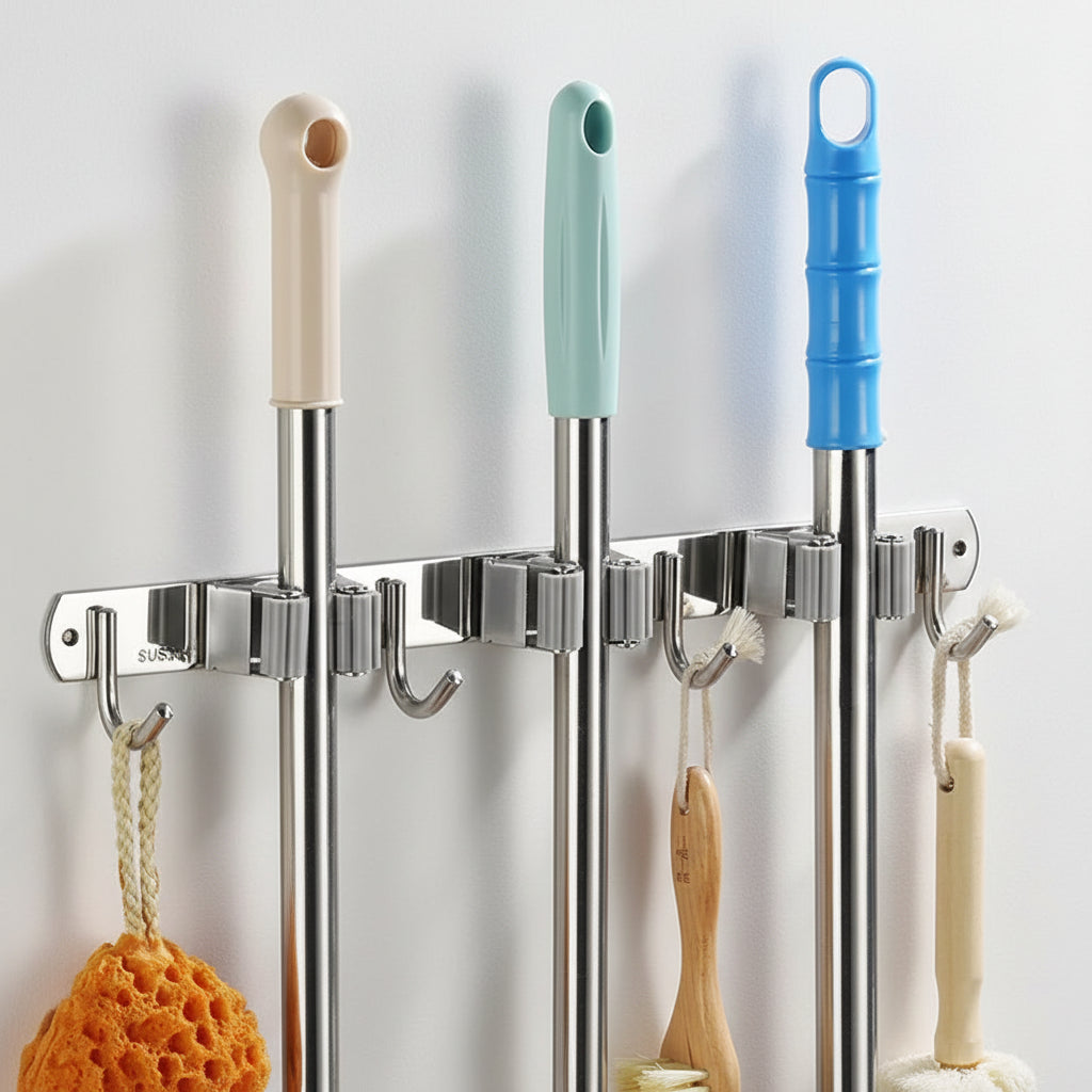 Stainless Steel Wall-Mounted Mop Rack Stylish and Simple Hole-Free Wall-Mounted Storage Clip Zpaxo
