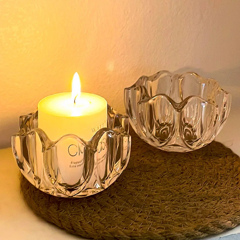 French Flower Mouth Crystal Glass Candle Holder Transparent Romantic