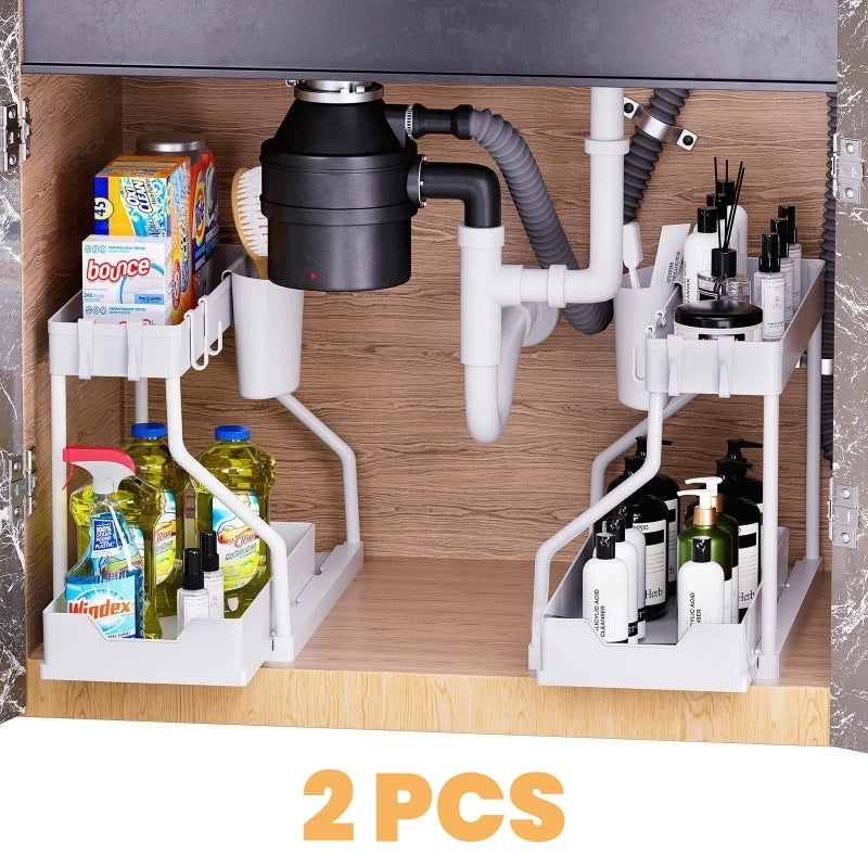 2-Tier Pull-Out Storage Organizer for Kitchen & Bathroom Pull-Out Cabinet Organizer Zpaxo White-2 ties-2PCS