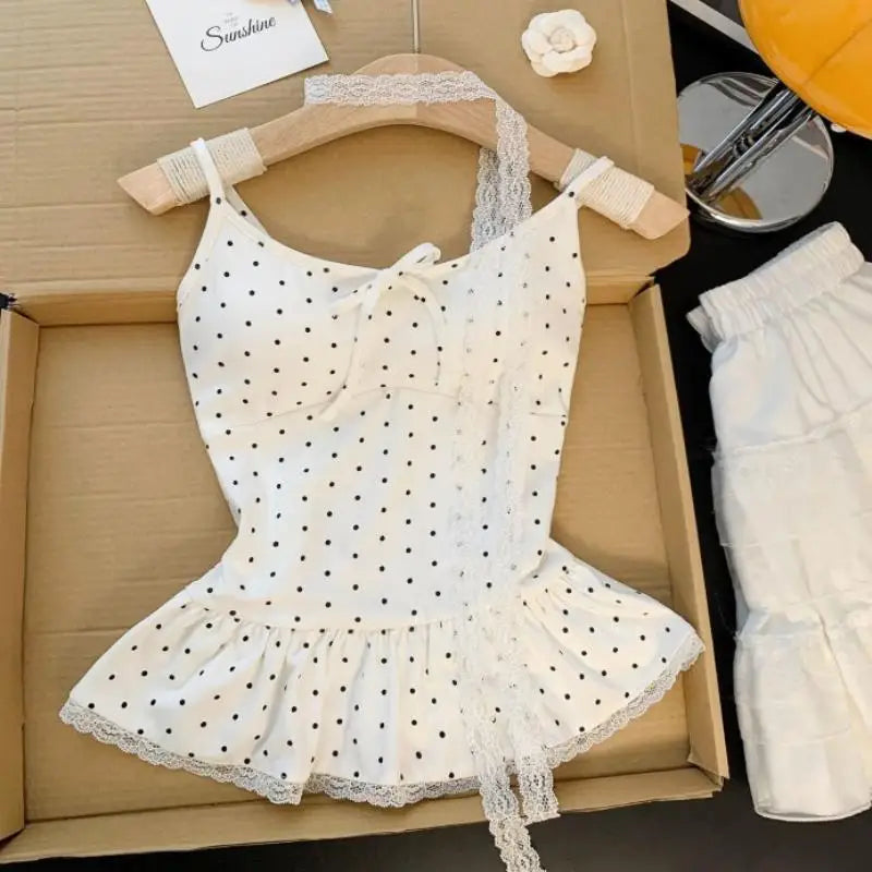 ▶Women Clothing Summer Fashion Casual Polka Dot Solid Color Sling Ladies Fashionable Appear Thin Slim Young Style Tops Zpaxo White One Size