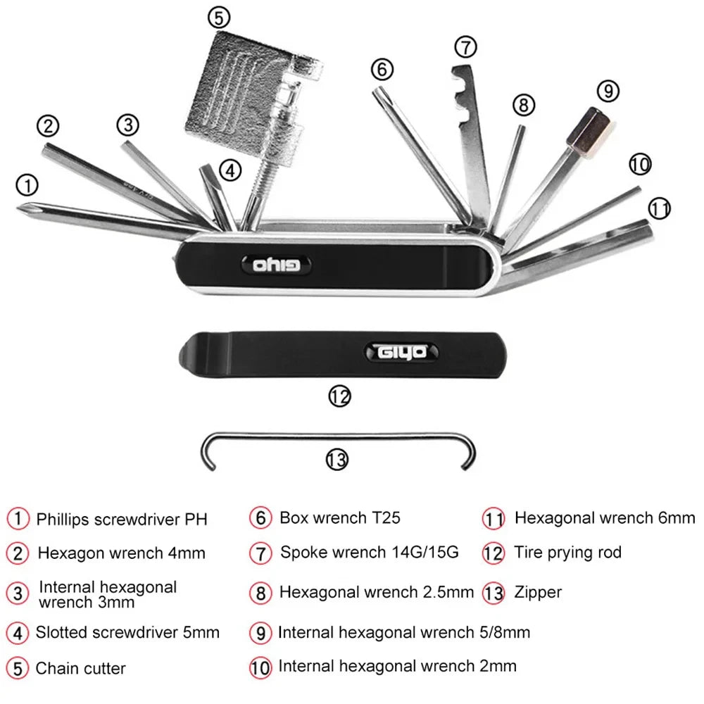 12 in 1 Bicycle Repair Tools Kit Protable MTB Bike Mini Cycling Multitool Hex Spoke Screwdrivers Tyre Lever Allen Wrench Zpaxo Black