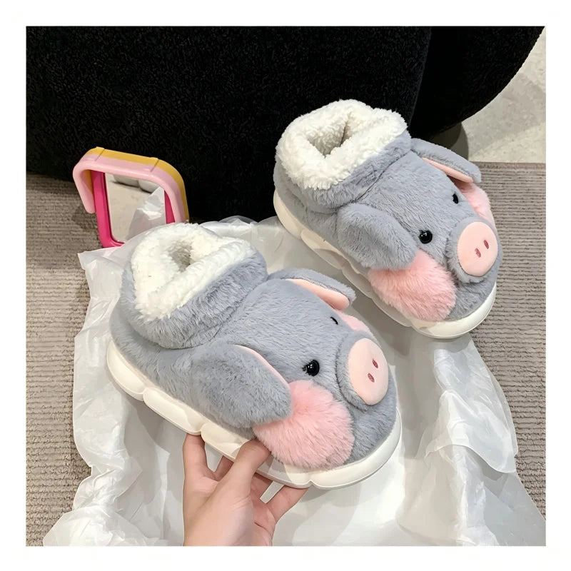 SHAJI Women Cute Cartoon Pig Plush Slippers Autumn Winter Thick Sole Zpaxo