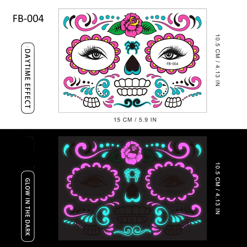 Halloween Halloween Face Tattoo Sticker Temporary Skin Tattoo for Party Festival Makeup Tattoo Glow in The Dark Body Sticker Zpaxo fb-04