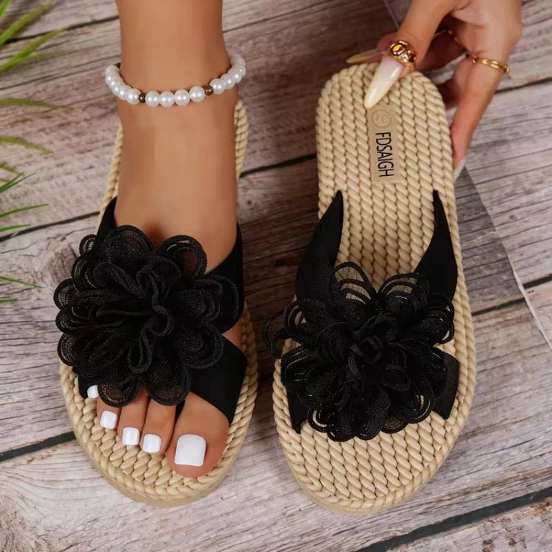 Women's Clip-toe Flower Embellishment Vintage Slippers Women Zpaxo black 36