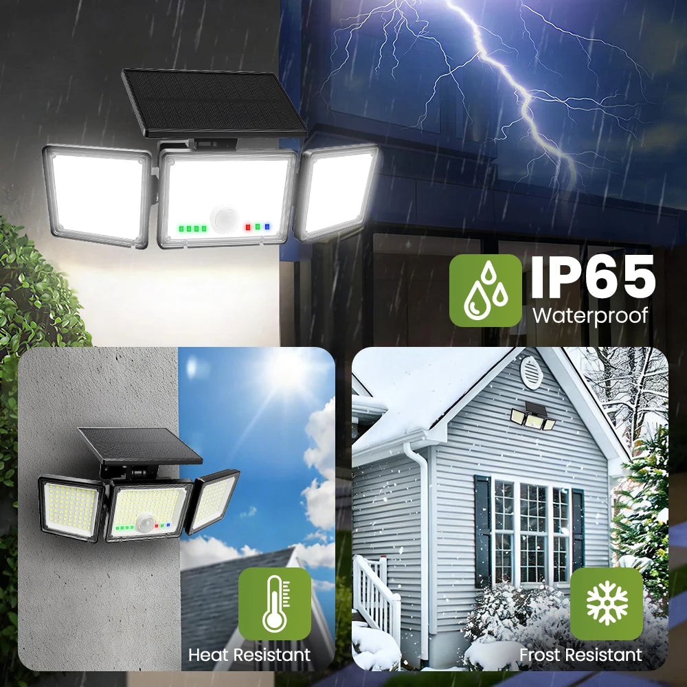 286 LED Solar Powered Motion Sensor Security Light 3-Head Adjustable Waterproof Flood Light Battery Indicator Outdoor Wall Lamp Zpaxo