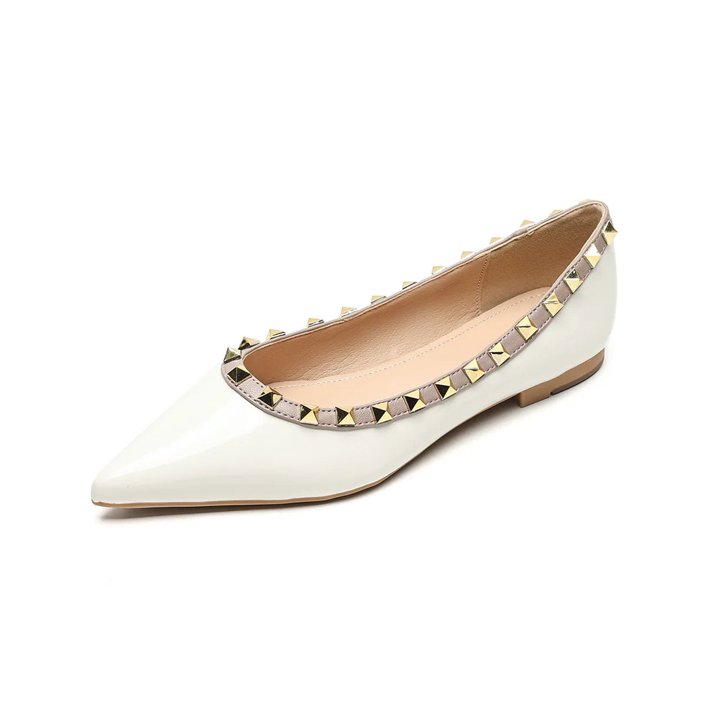 Flat Shoes Women's Spring and Autumn 2025 New Pointed Toe Shallow Mouth Rivet Flat Shoes Women's Plus Size Women's Shoes loafers Zpaxo White 35