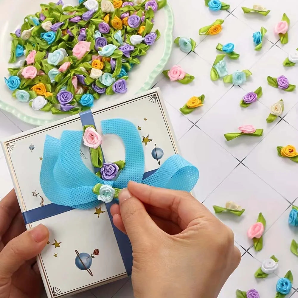50pcs Artificial Ribbon Roses & Leaves – DIY Craft Decor Artificial Craft Flowers Zpaxo