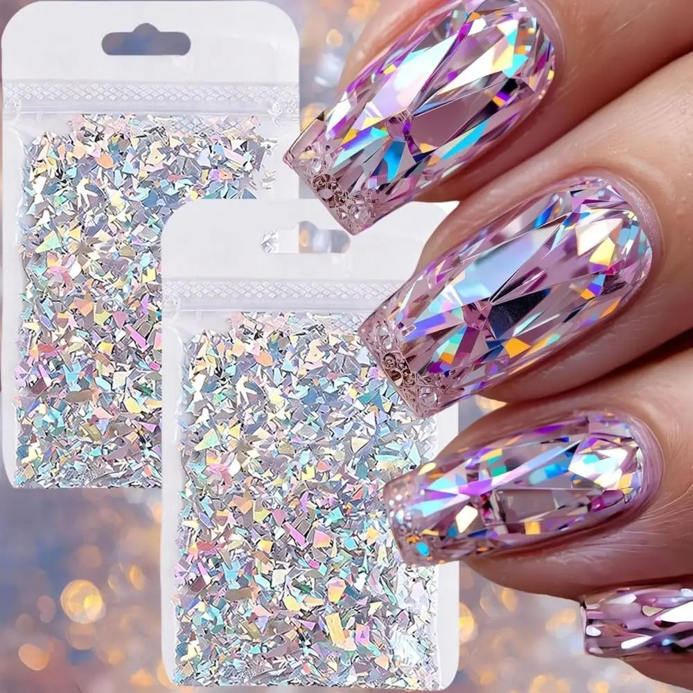 Aurora Nail Glitters Laser Silver Iridescent Glitter Chunky Sparkly Zpaxo