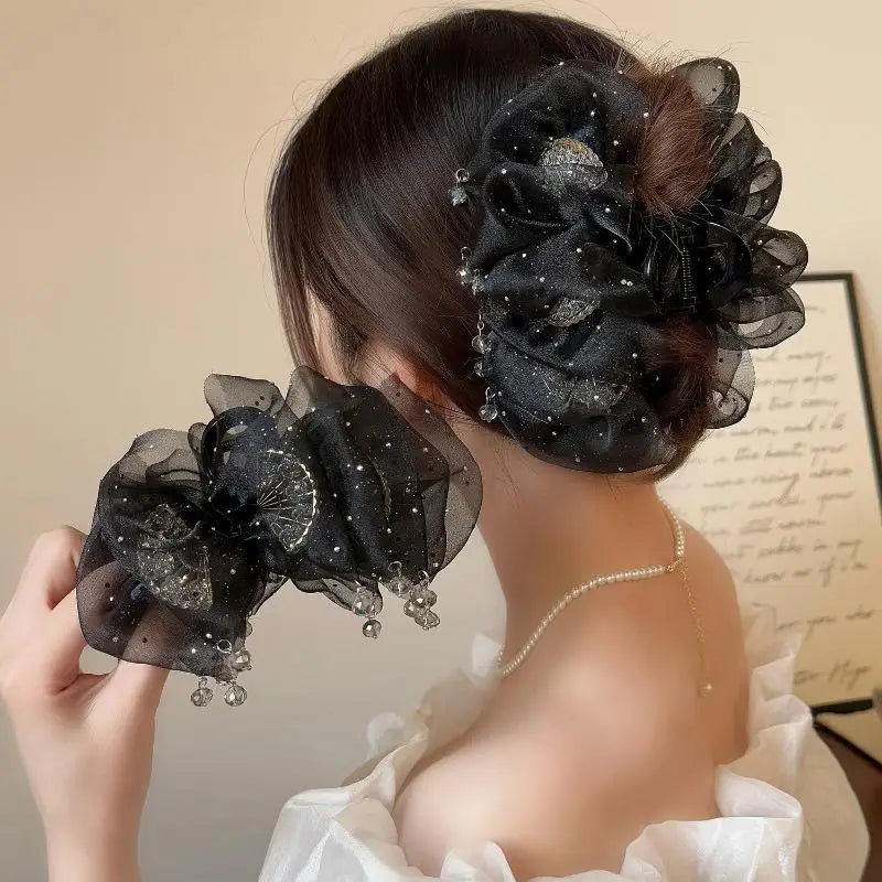 Modern Mesh Tulle Tassel Hair Claw Women Gleaming Zircon Beauty Zpaxo