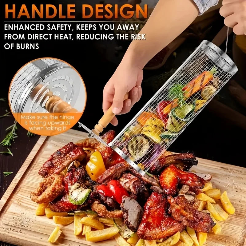 Rolling Grill Basket Detachable Handle 304 Stainless Steel Extra