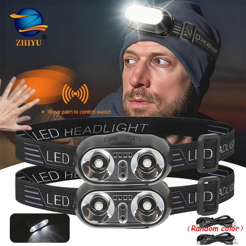 Smart Sensor LED Headlamp – USB-C Rechargeable, IPX5 Waterproof