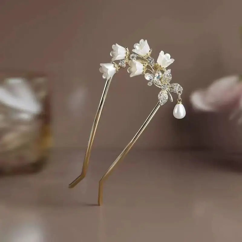 U-shaped Flower Hairpins Women Handmade Vintage Chinese Hanfu Lily Zpaxo