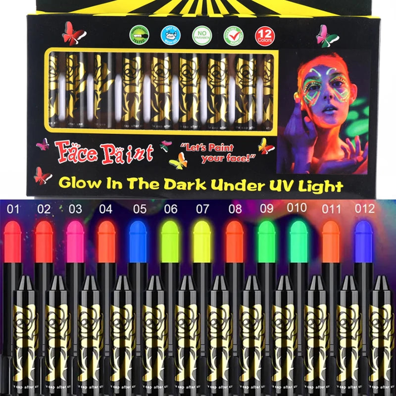 UV Neon Face Body Paint Fluorescent Glow Dark Crayons Sticks Mardi Zpaxo UV-12pcs
