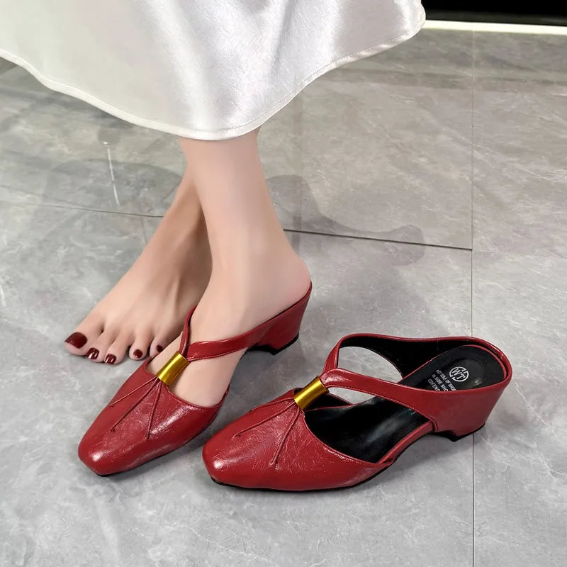 Women's Square Closed Toe Solid Vintage Wedge Heel Slippers Women Zpaxo Red 39