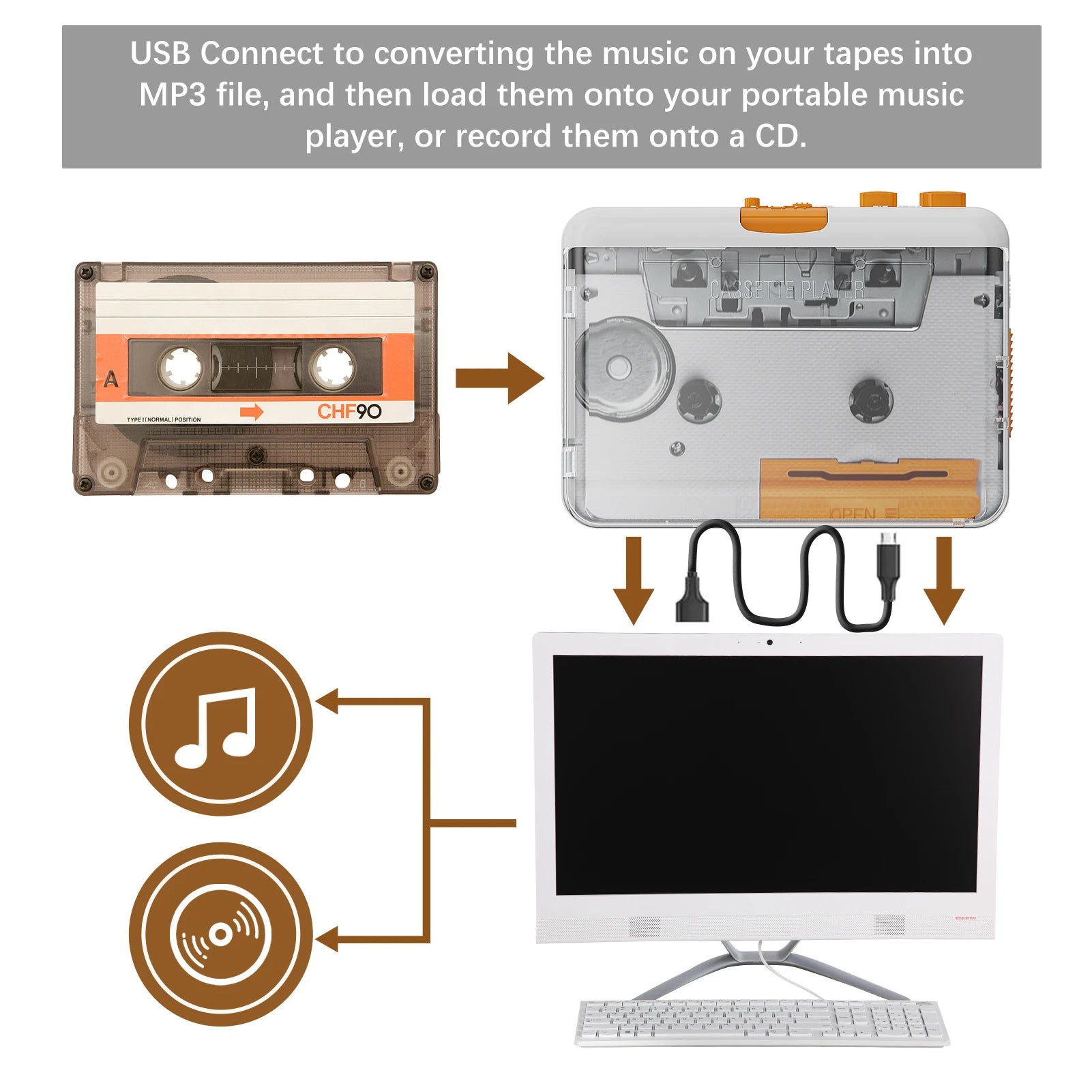 Portable Tape Player USB Cassettes Recorder Cassette MP3 CD Converter