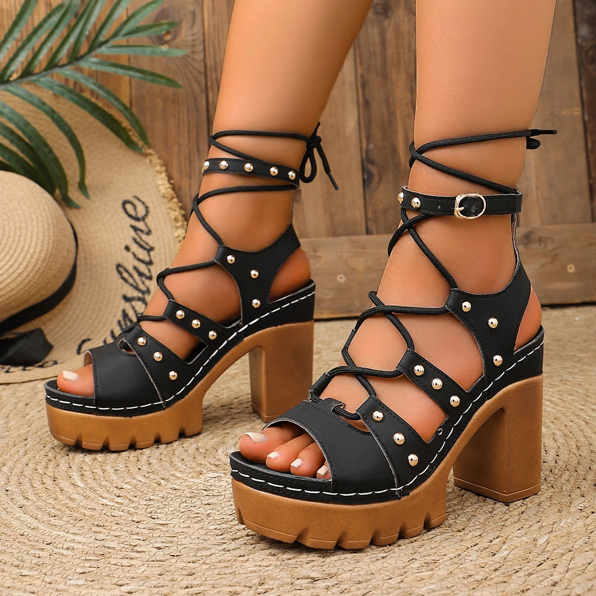 Women High Heel Sandals Punk Platform Sandals Women Summer Rivet Decor Gothic shoes Woman Plus Size High Heeled Roman Shoes Zpaxo black 37