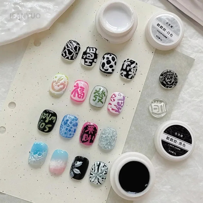 Lace Hole Black White Nail Poke Art Glue Bubble Ocean Wave Pattern