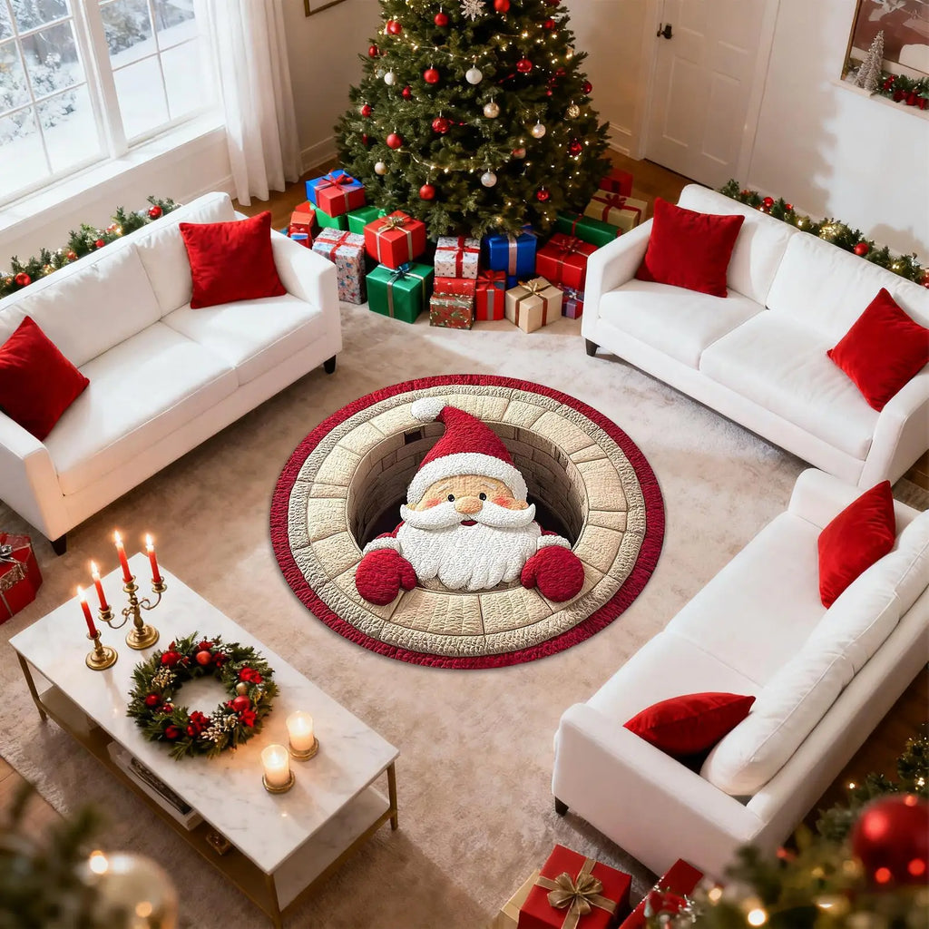 Christmas 3D Rug Round Santa Claus Washable Door Mat Optical Illusion