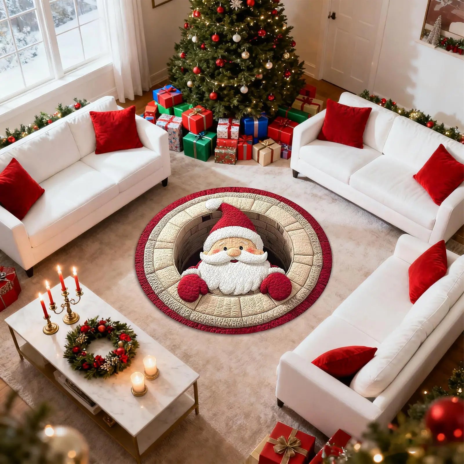 Christmas 3D Rug Round Santa Claus Washable Door Mat Optical Illusion