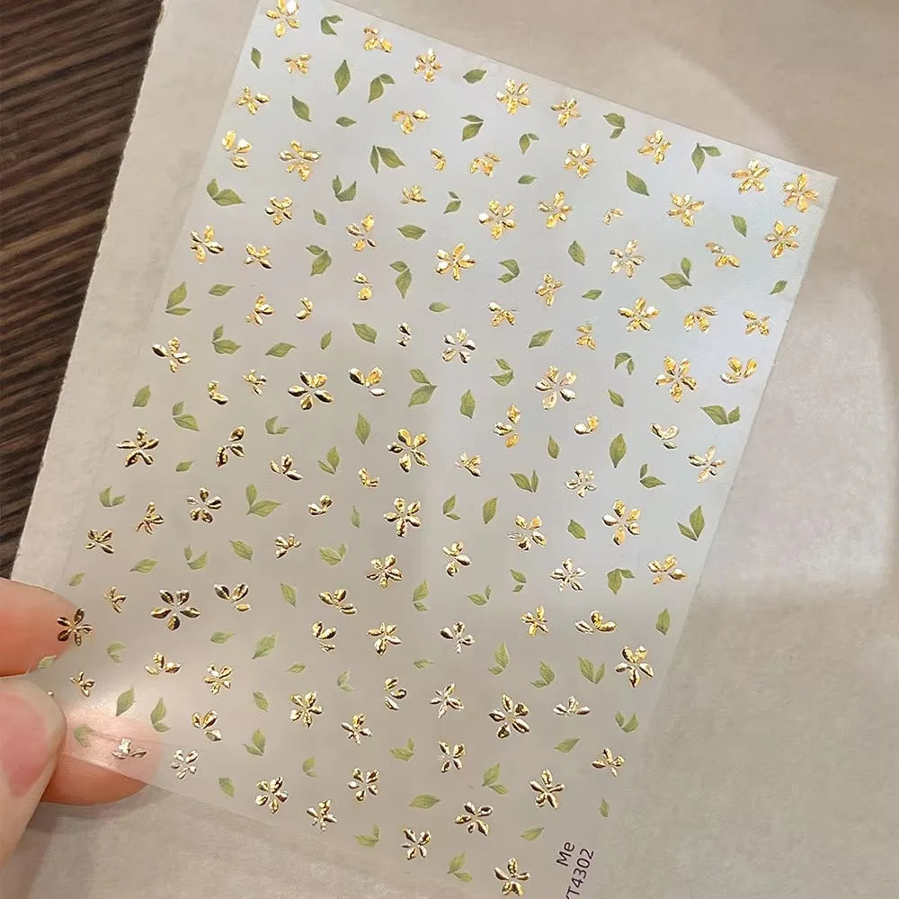 Golden Leaf Nail Sticker Bronzing Spring Flowers Adhesive Cup Stickers Five Petal Flower Backing Blossom Decal Nail Art Sticker Zpaxo