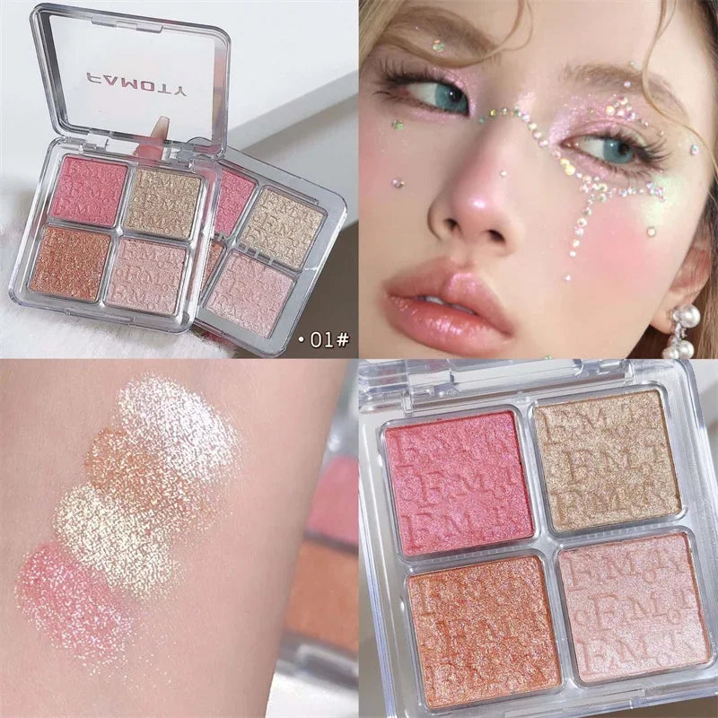 4 Face Highlighter Powder Palette Glitter Shimmer Natural Gloss
