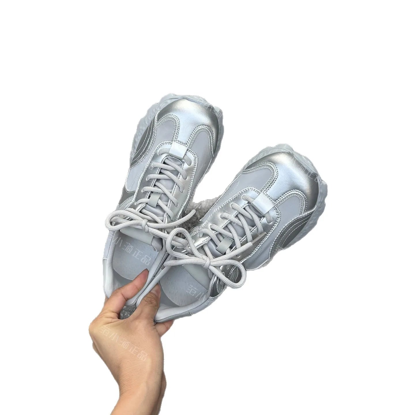 Metallic Silver Pink Two Tone Chunky Sneakers Women Shiny Patent Zpaxo