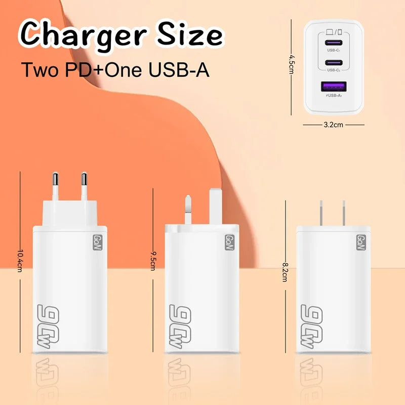 3IN1 90W Multi-port Charger 2PD+USB Fast Charging Head Full-protocol
