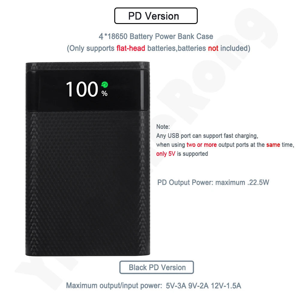 Dual USB 5V 4*18650 Power Bank Battery Box Type C PD Fast Mobile Phone Charger DIY Shell Case For IPhone X Samsung S10 Plus Zpaxo PD Black