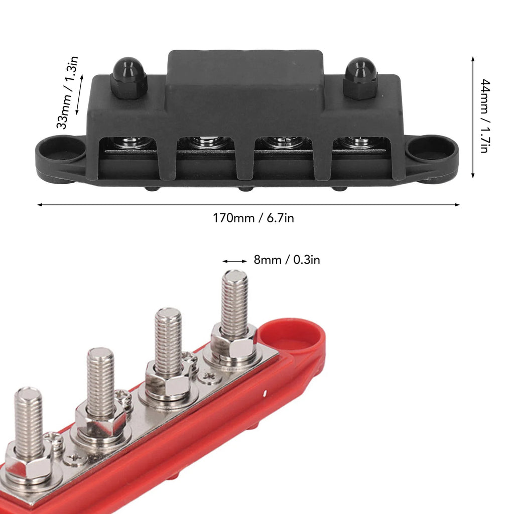 2-piece 4-Position M8 Bus Bar Red Black 48VDC 250A Perfect RV Yacht