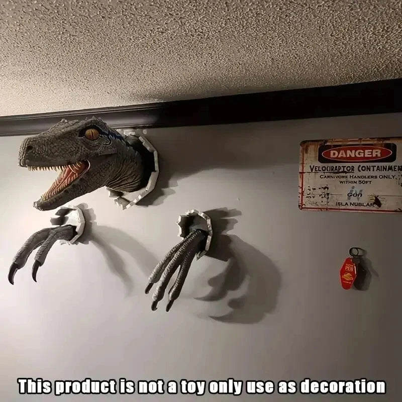 3D Broken Wall Dinosaur Head Decor Realistic Velociraptor Mount