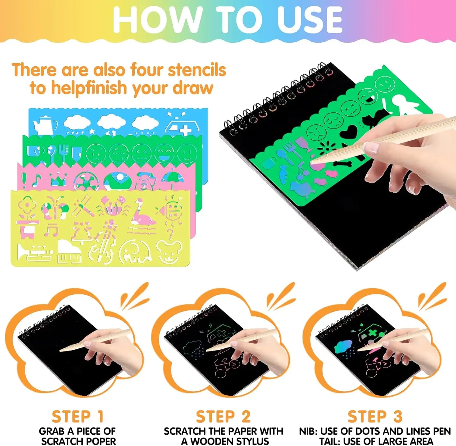 12-Piece Scratch Art Set – Rainbow Notebooks, Stencils & Stylus