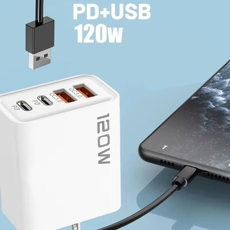 120W 4 Port USB Type C Charger Fast Charging Data Cable USB Phone Charger Adapter for Samsung iPhone Xiaomi Huawei Wall Charger Zpaxo