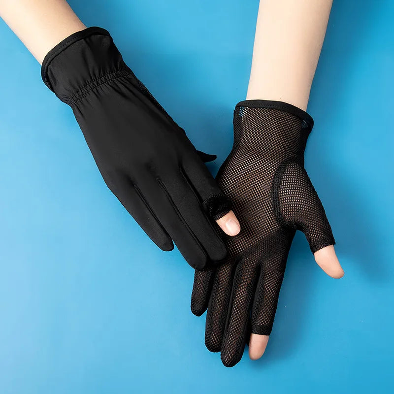Summer sun protection gloves women's flip open finger outdoor electric bike mesh breathable UV resistant thin ice silk gloves Zpaxo black glove