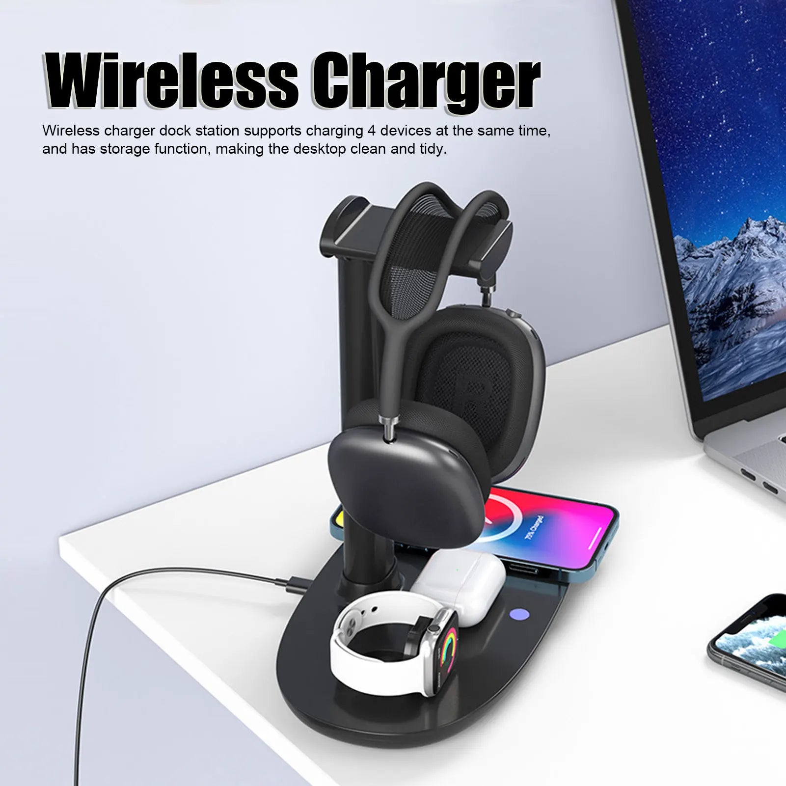 Wireless Charger Headphone Stand QI 15W Fast Charge Detachable