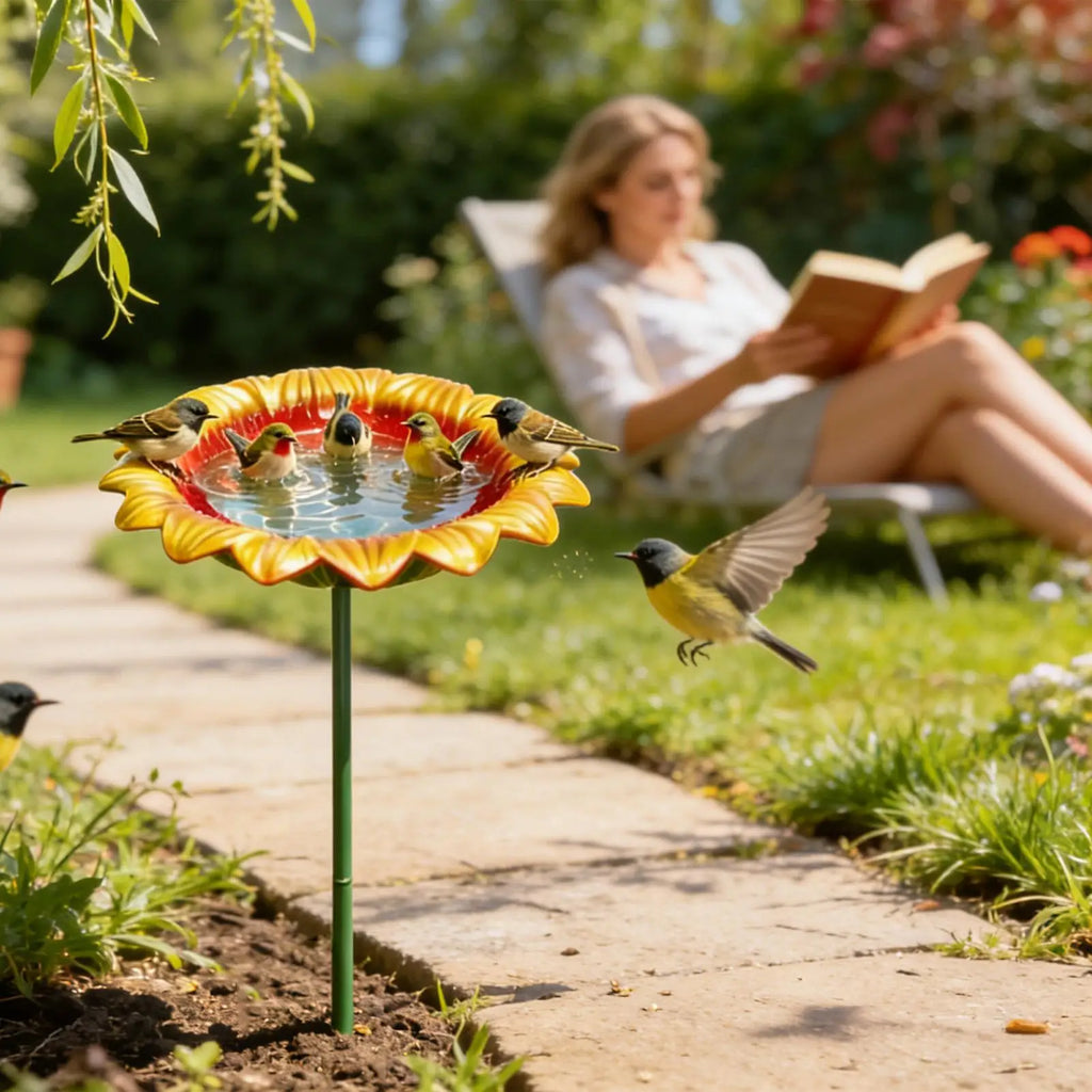 Bird Bath Stake Metal Garden Decor Feeding Bowl Hummingbird Finch
