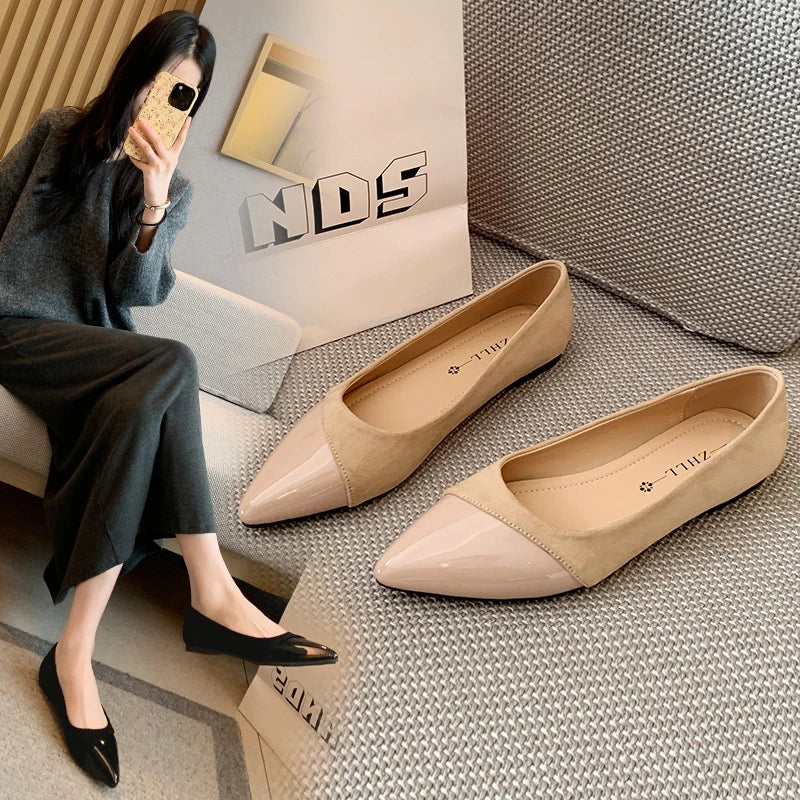 Womens Black Beige Two Tone Pointed Toe Ballet Flats Patent Leather Zpaxo