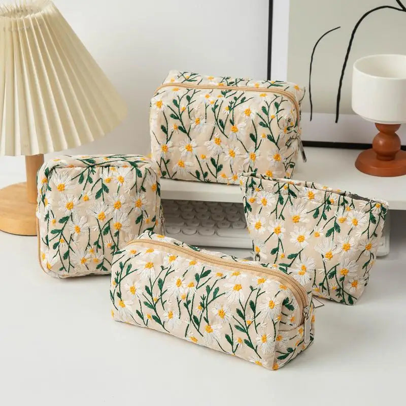 Floral Embroidery Canvas Cosmetic Bag – Travel Makeup Organizer