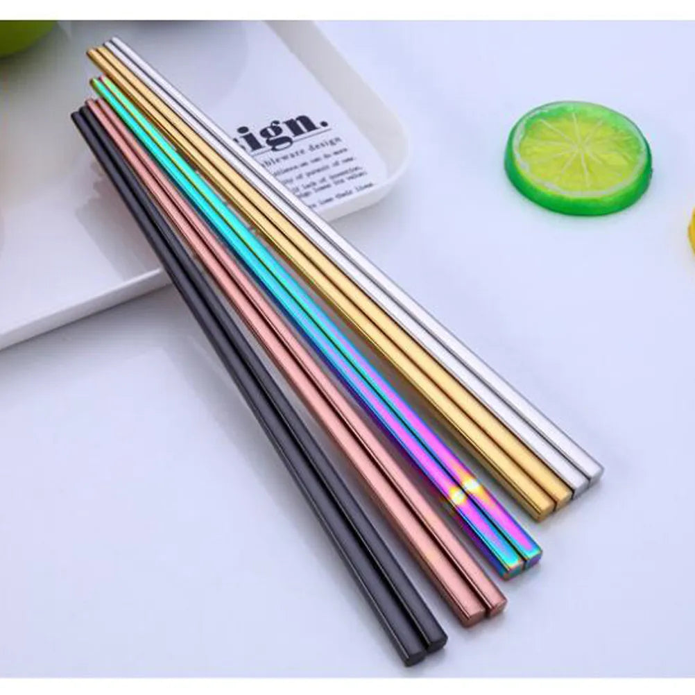 Pair Stainless Steel Electroplated Square Chopsticks Reusable